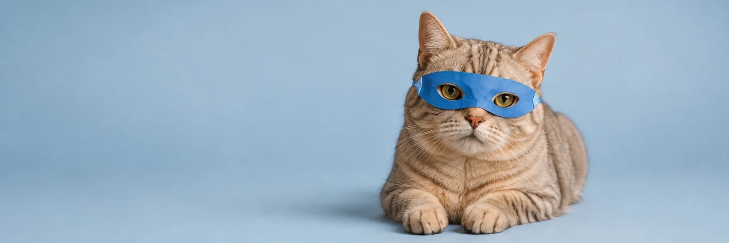 Nola, the blue-masked cream tabby, relaxing against a pale blue backdrop.